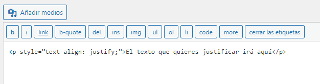 Código para justificar texto en WordPress con código HTML