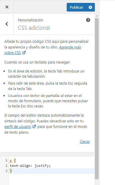 código para justificar todos los textos de una web en WordPress