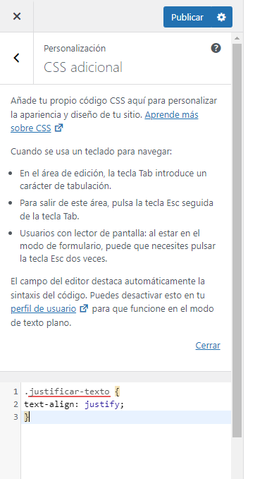 Código para Justificar texto con CSS en Gutenberg con clase personalizada