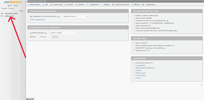 Seleccionar base de datos para cambiar contraseña de WordPress en PhpMyAdmin