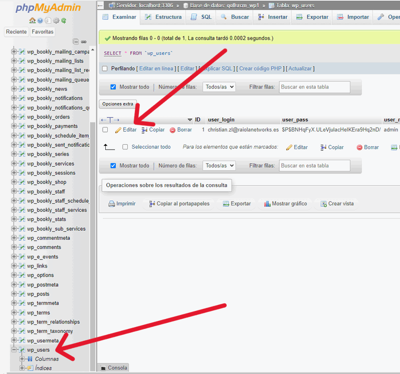 Seleccionar user para cambiar contraseña de WordPress en PhpMyAdmin