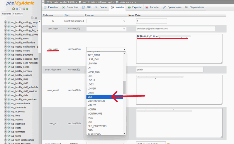 cambiar contraseña de WordPress en PhpMyAdmin