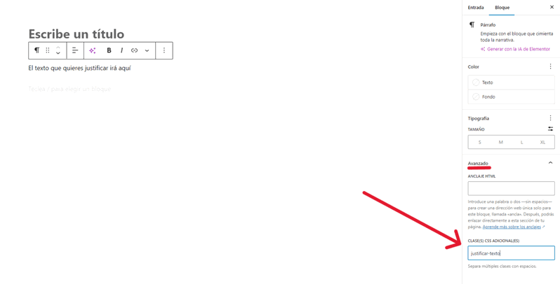 Justificar texto con CSS en Gutenberg en pestaña avanzado