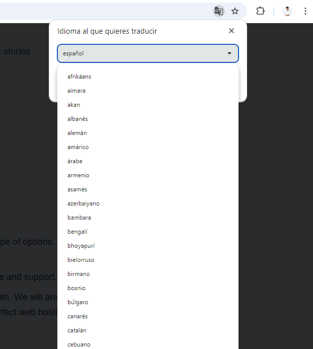 Selector de idiomas para traducción de página en Google Chrome