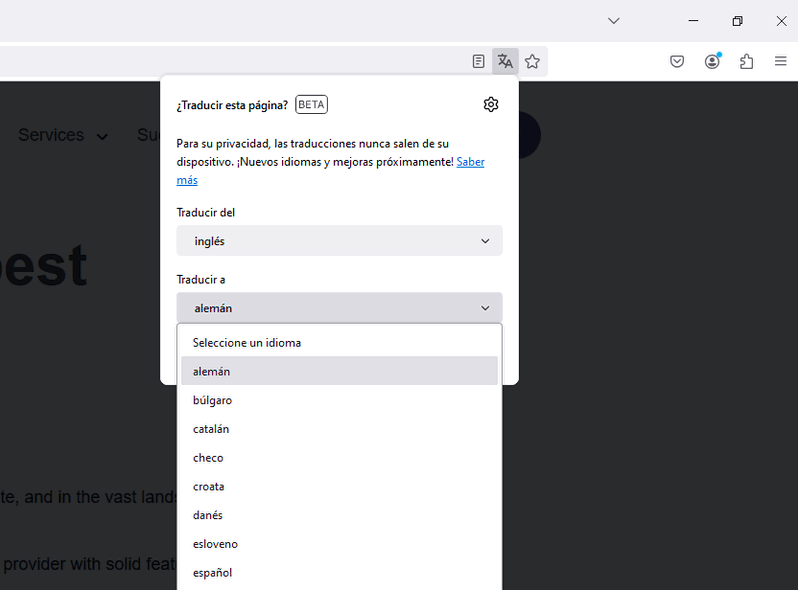 Selección de idioma alternativo en traducción de página en Firefox