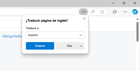 Selección de idioma para traducción de página desde Microsoft Edge