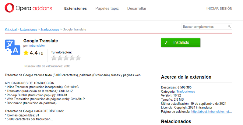 Extensión opera para traducir una página