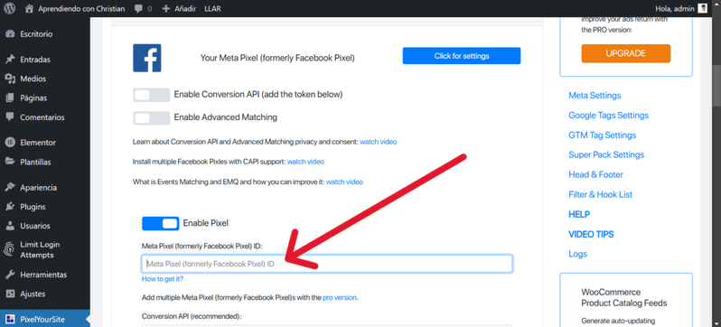 rellenar id en pixel your site para instalar pixel de facebook