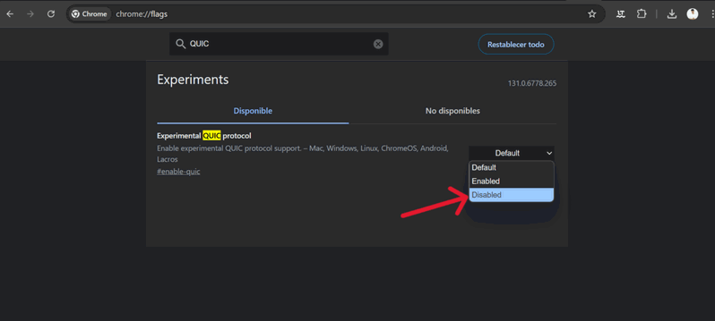 Desconecta el protocolo QUIC para solucionar ERR_SSL_PROTOCOL_ERROR