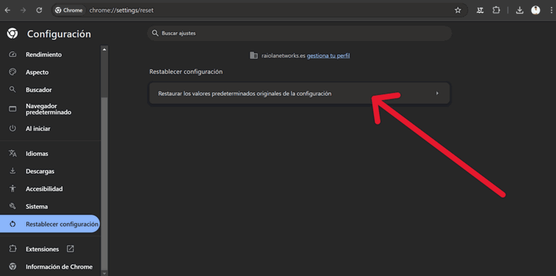 Restablece la configuración predeterminada de chrome para solucionar ERR_SSL_PROTOCOL_ERROR