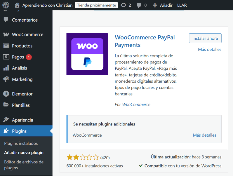 Instalar y activar el plugin WooCommerce PayPal Payments