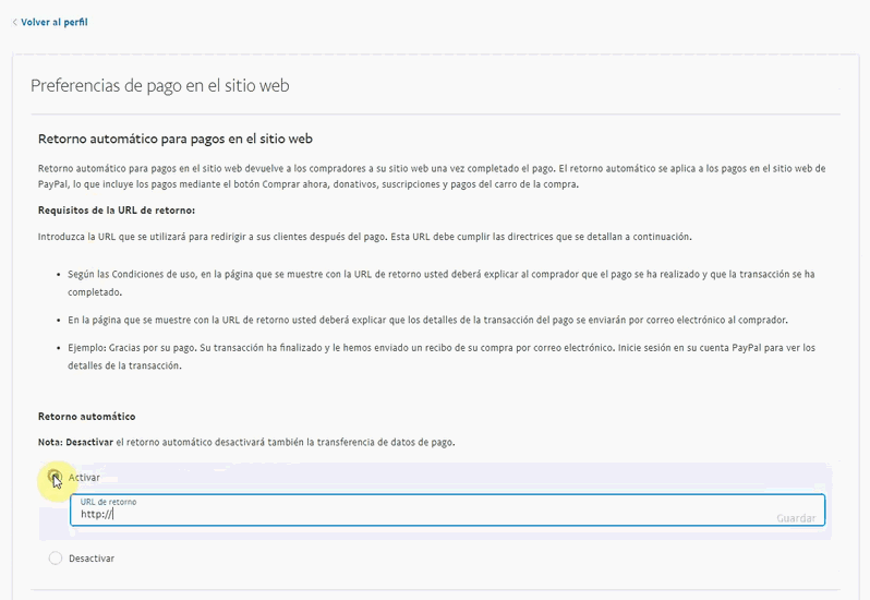 Retorno automático para pagos en web de PayPal
