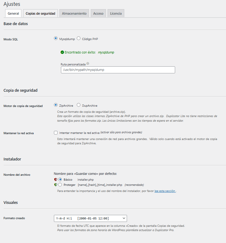 Ajustes copia de seguridad de Duplicator