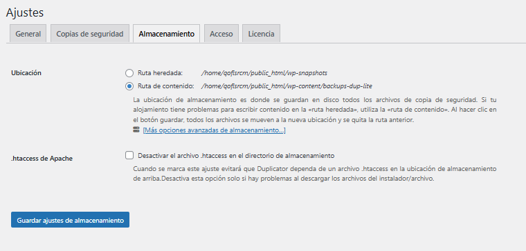 Ajustes de almacenamiento de Duplicator