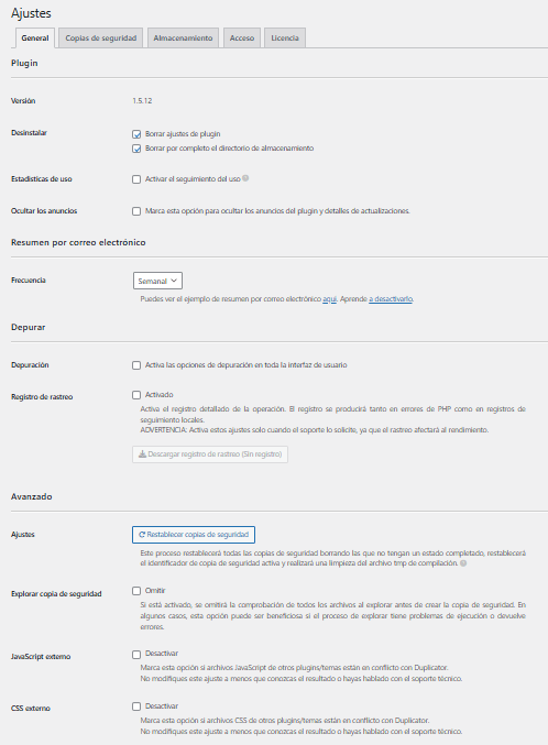 Ajustes generales de Duplicator