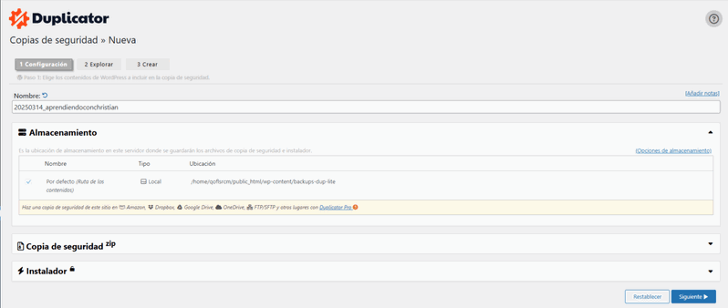Ajustes para crear copia de seguridad con Duplicator