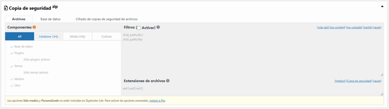 filtrar contenido de la copia de seguridad de Duplicator