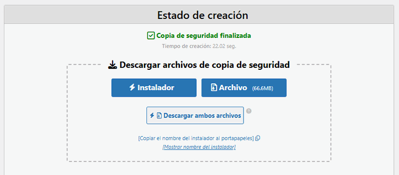 Mensaje de copia de seguridad realizada con éxito con Duplicator