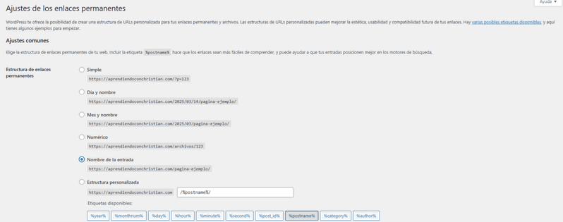 Ajustes de enlaces permanentes en WordPress