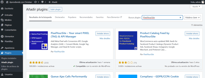 Buscar PixelYourSite en el repositorio de WordPress