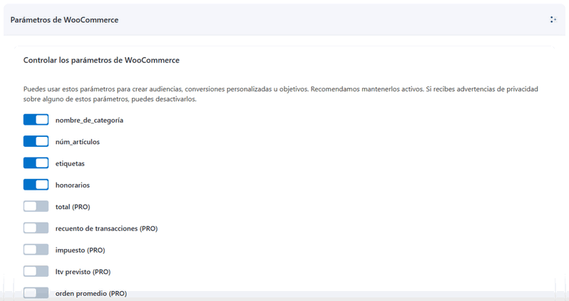 parámetros de WooCommerce en PixelYourSite