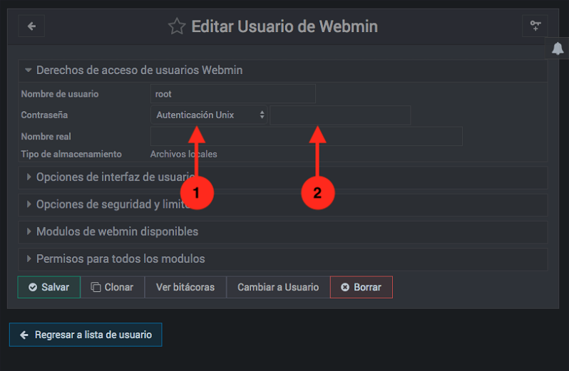 Como cambiar la contraseña de un usuario de Webmin - paso 2