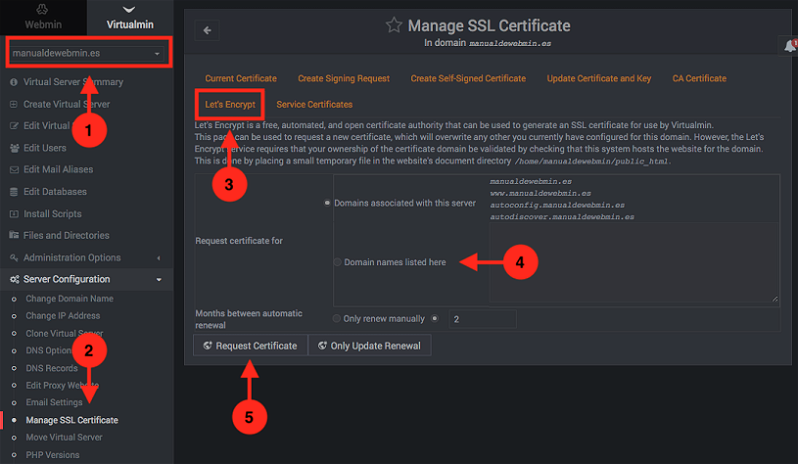 Como configurar certificados SSL gratis de lets encrypt en virtualmin