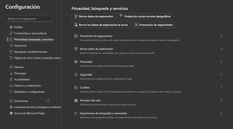 Cómo borrar cookies en Microsoft Edge: panel de eliminación de datos Menú de privacidad de Edge mostrando opciones como borrar datos, cookies y seguridad
