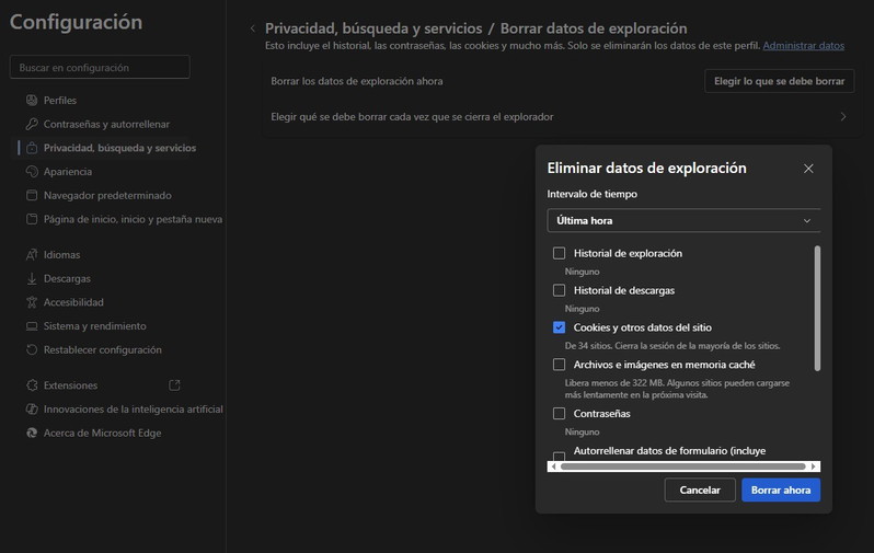 Cómo borrar cookies en Microsoft Edge: panel de eliminación de datos Ventana de configuración de Edge mostrando la opción “Cookies y otros datos del sitio” seleccionada