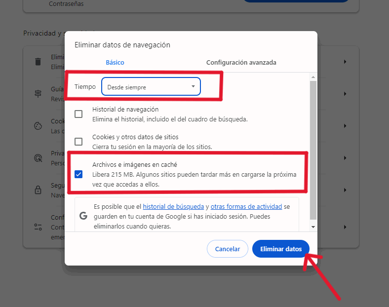 Eliminar datos de cahe en Google Chrome