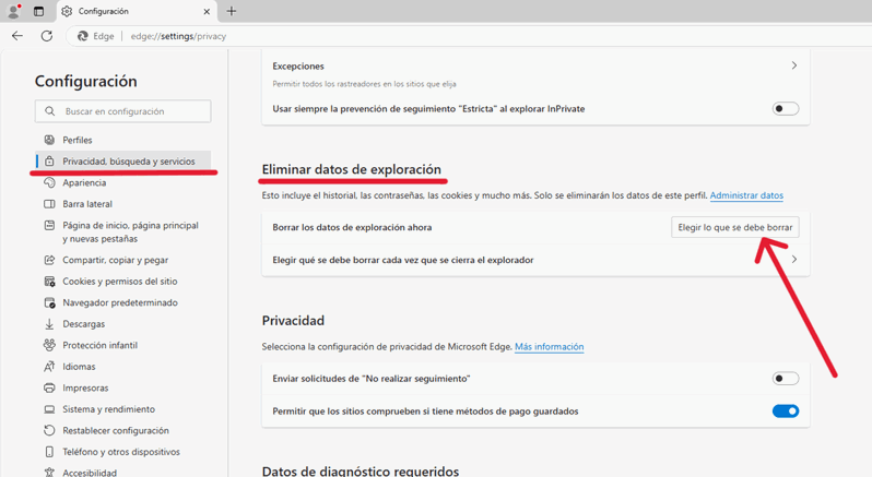 Eliminar datos de exploración en Edge