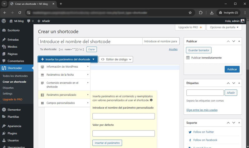 Con el plugin Shortcoder puedes añadir parámetros fácilmente a tus shortcodes