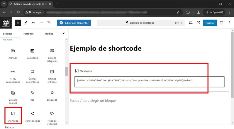 Insertar un shortcode en Gutenberg