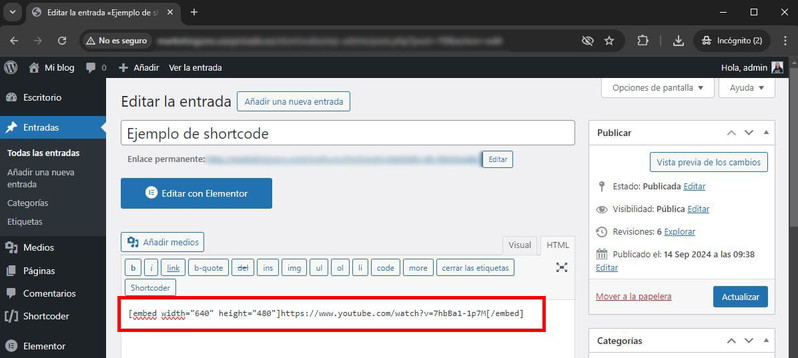 Insertar un shortcode con el editor clásico de WordPress