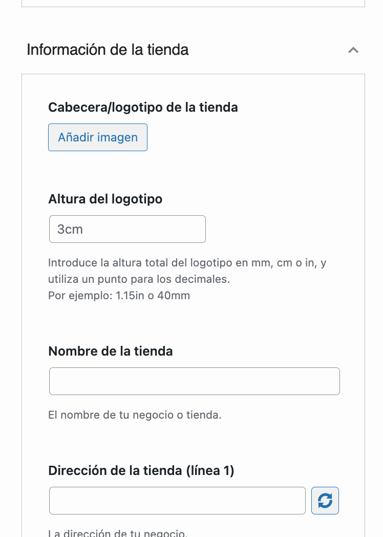 Información de la tienda WooCommerce PDF Invoices & Packing Slips
