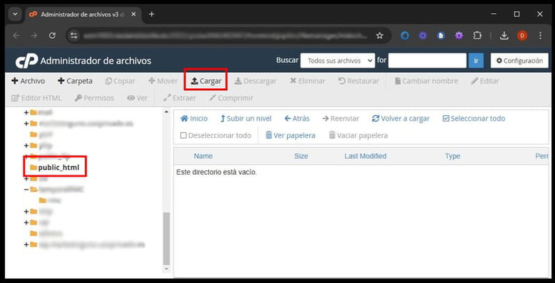 Pulsa en cargar para subir el archivo index.html en la raíz de tu sitio