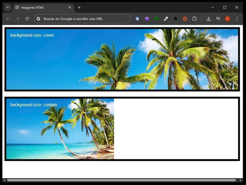 Ejemplos de background-size para cambiar el tamaño que ocupa la imagen de fondo