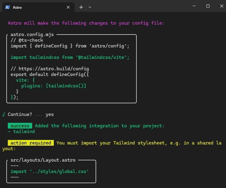 Proceso de instalación de Tailwind CSS en Astro.js