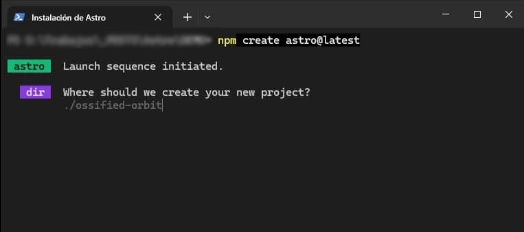 Comando de instalación de Astro.js