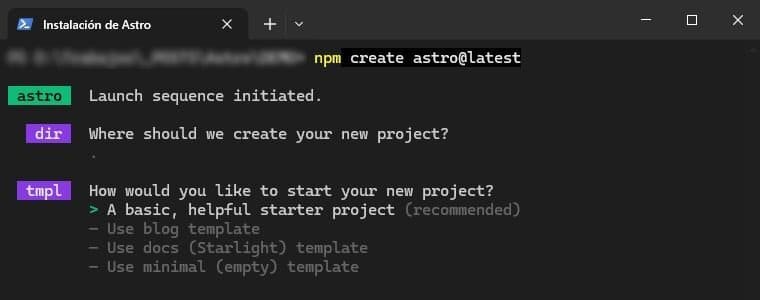 Opciones de instalación de Astro.js