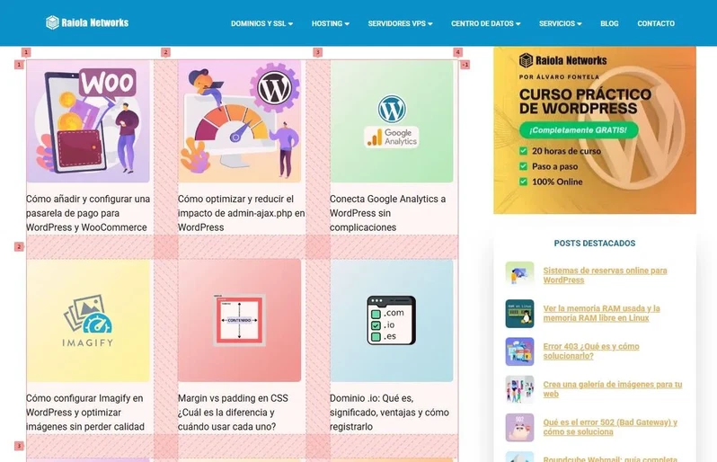 Ejemplo de uso de grid y flex la home del blog de Raiola Networks