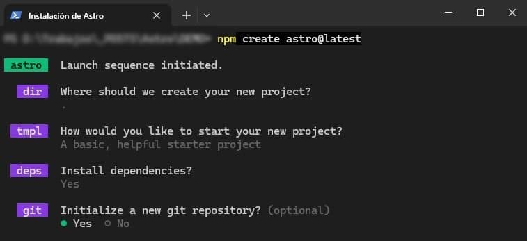 Instalación de dependencias y crear repositorio de Git para tu proyecto de Astro.js