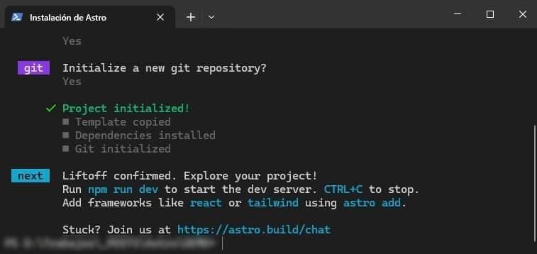 Proceso de instalación de Astro.js completado