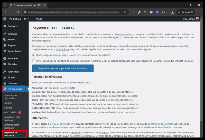 Configuración de Regenerate Thumbnails para regenerar las miniaturas de WordPress