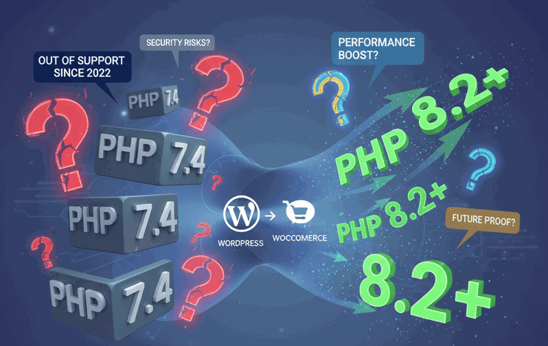 Comparativa entre PHP 7.4 y PHP 8.2+ en WordPress y WooCommerce