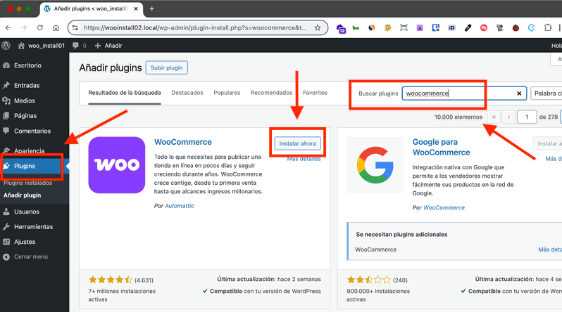 Cómo buscar e instalar el plugin WooCommerce desde el repositorio oficial