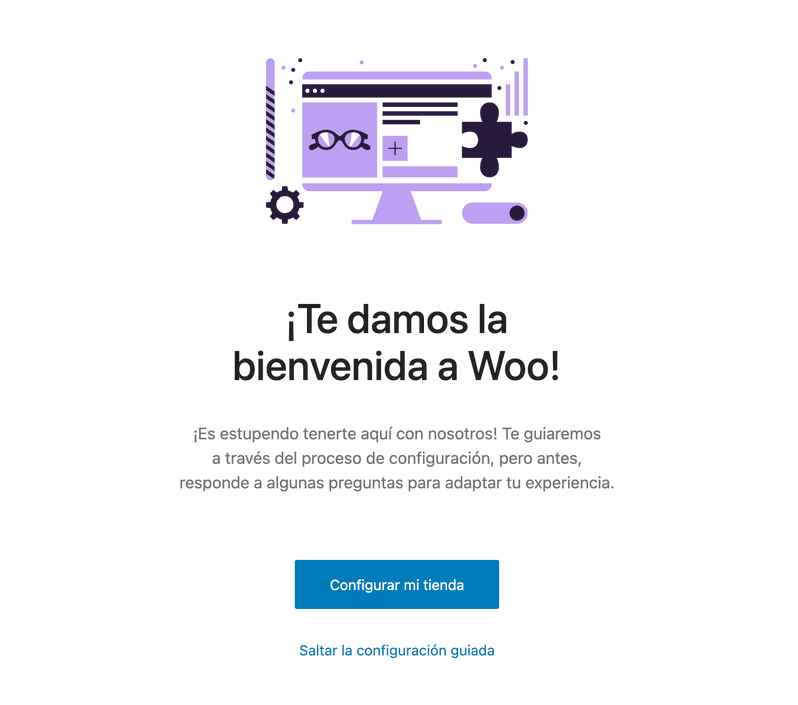 Pantalla de bienvenida del asistente de configuración inicial de WooCommerce en WordPress