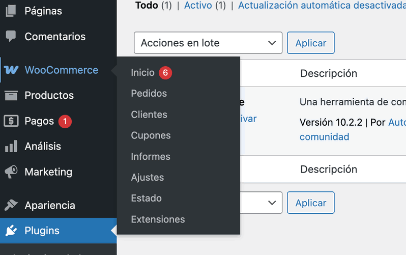 Menú de administración de WordPress mostrando las nuevas secciones de WooCommerce