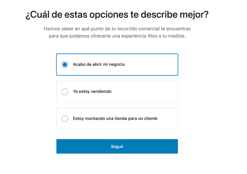 Pantalla del asistente de configuración de WooCommerce con opciones para elegir el tipo de negocio o etapa de venta
