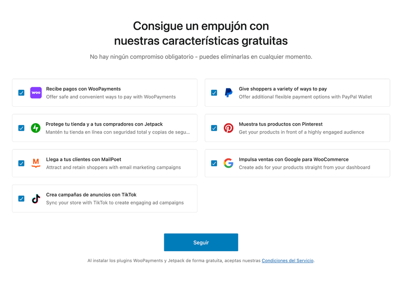 Pantalla del asistente de WooCommerce que muestra las características opcionales a instalar
